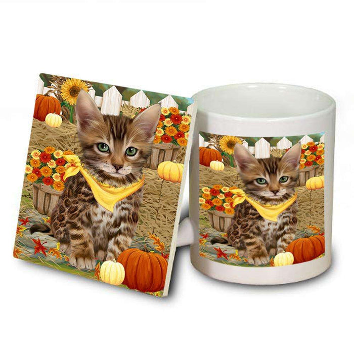 Fall Autumn Greeting Bengal Cat with Pumpkins Mug and Coaster Set MUC52298