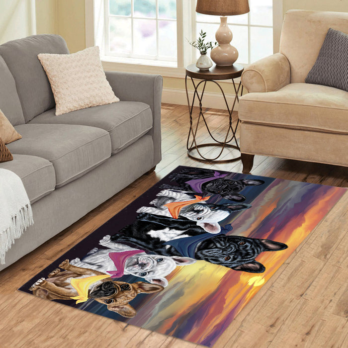Family Sunset Portrait French Bulldogs Area Rug