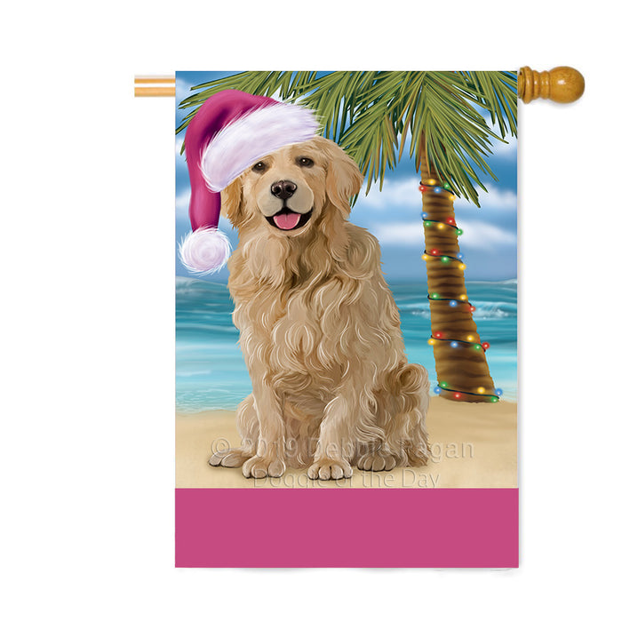 Personalized Summertime Happy Holidays Christmas Golden Retriever Dog on Tropical Island Beach Custom House Flag FLG-DOTD-A60537