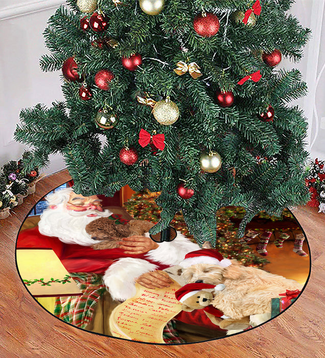 Santa Sleeping with Goldendoodle Dogs Christmas Tree Skirt