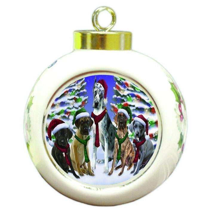 Great Dane Dog Christmas Family Portrait in Holiday Scenic Background Round Ball Ornament D143