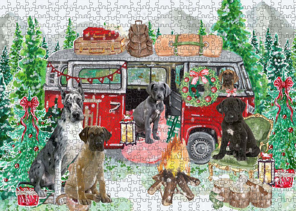 Christmas Time Camping with Great Dane Dogs Portrait Jigsaw Puzzle for Adults Animal Interlocking Puzzle Game Unique Gift for Dog Lover's with Metal Tin Box