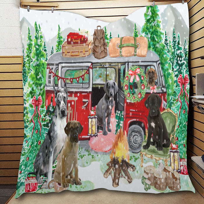 Christmas Time Camping with Great Dane Dogs  Quilt Bed Coverlet Bedspread - Pets Comforter Unique One-side Animal Printing - Soft Lightweight Durable Washable Polyester Quilt