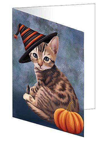 Happy Halloween Bengal Cat Wearing Witch Hat with Pumpkin Handmade Artwork Assorted Pets Greeting Cards and Note Cards with Envelopes for All Occasions and Holiday Seasons