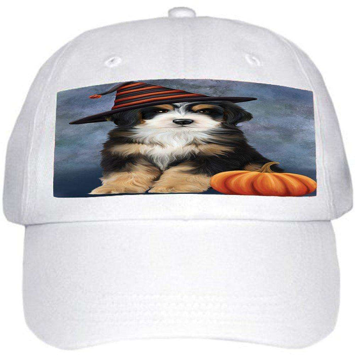 Happy Halloween Bernedoodle Dog Wearing Witch Hat with Pumpkin Ball Hat Cap