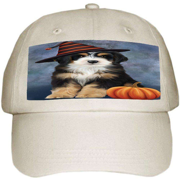 Happy Halloween Bernedoodle Dog Wearing Witch Hat with Pumpkin Ball Hat Cap