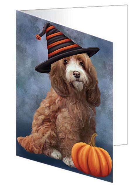 Happy Halloween Cockapoo Dog Wearing Witch Hat with Pumpkin Handmade Artwork Assorted Pets Greeting Cards and Note Cards with Envelopes for All Occasions and Holiday Seasons GCD68579