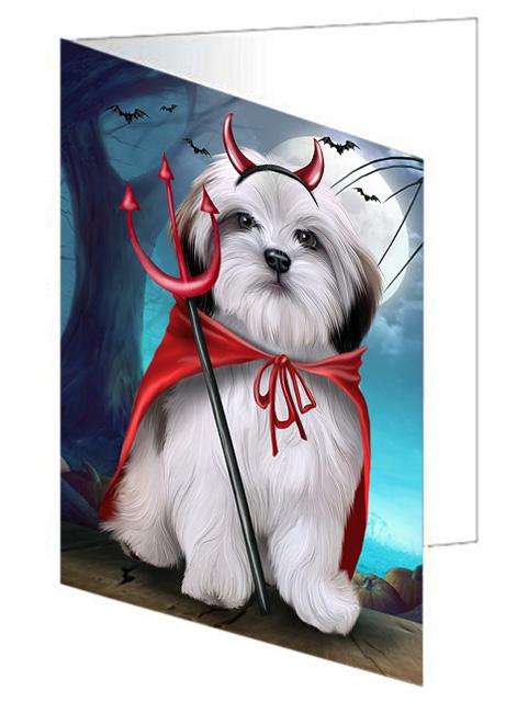 Happy Halloween Trick or Treat Malti Tzu Dog Handmade Artwork Assorted Pets Greeting Cards and Note Cards with Envelopes for All Occasions and Holiday Seasons GCD67937