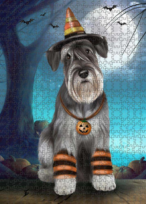 Happy Halloween Trick or Treat Miniature Schnauzer Dog Candy Corn Puzzle with Photo Tin PUZL61461