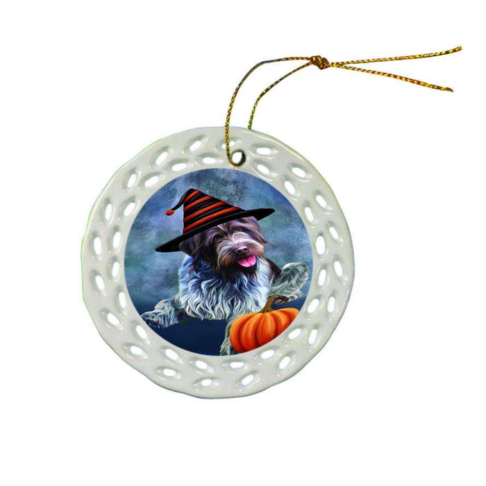 Happy Halloween Wirehaired Pointing Griffon Dog Wearing Witch Hat with Pumpkin Star Porcelain Ornament SPOR54937