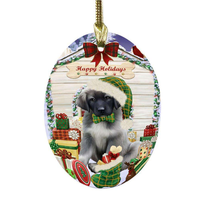 Happy Holidays Christmas Anatolian Shepherd House With Presents Oval Glass Christmas Ornament OGOR49754
