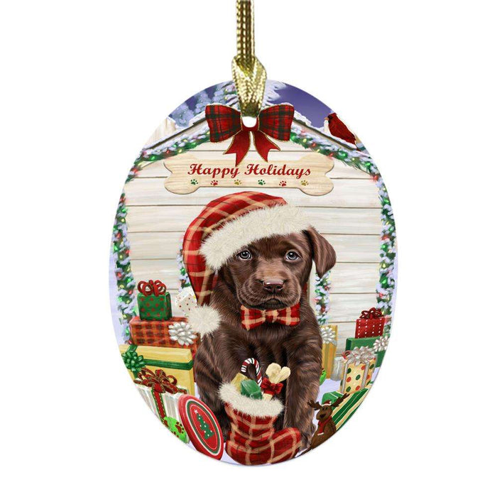 Happy Holidays Christmas Labrador House With Presents Oval Glass Christmas Ornament OGOR49888