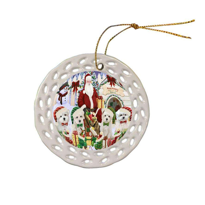 Happy Holidays Christmas Malteses Dog House Gathering Ceramic Doily Ornament DPOR52085