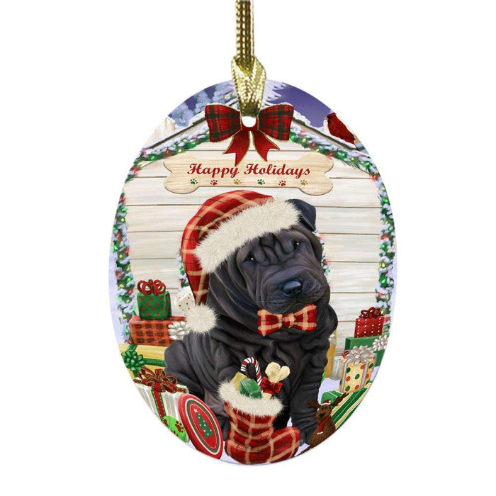 Happy Holidays Christmas Shar Pei House With Presents Oval Glass Christmas Ornament OGOR49956