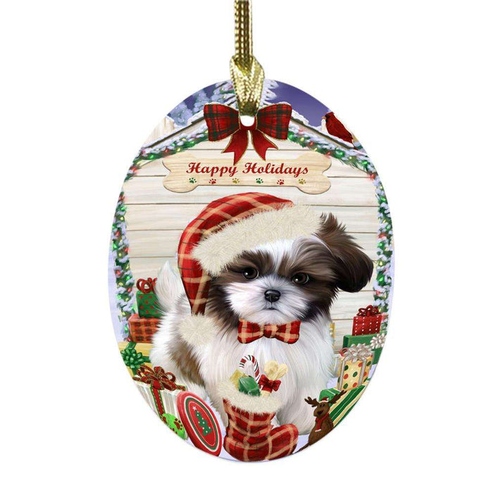Happy Holidays Christmas Shih Tzu House With Presents Oval Glass Christmas Ornament OGOR49968
