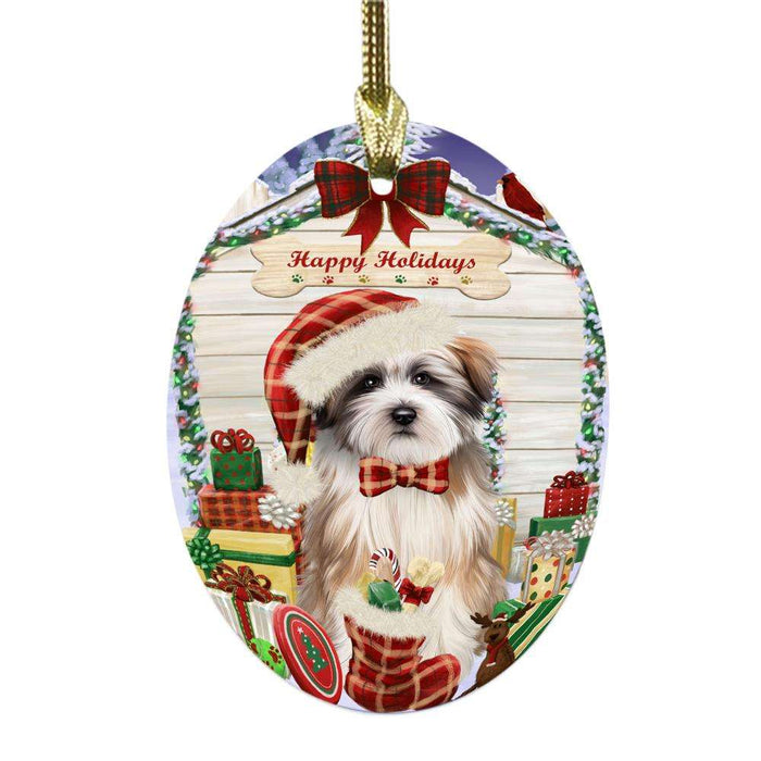 Happy Holidays Christmas Tibetan Terrier House With Presents Oval Glass Christmas Ornament OGOR49980