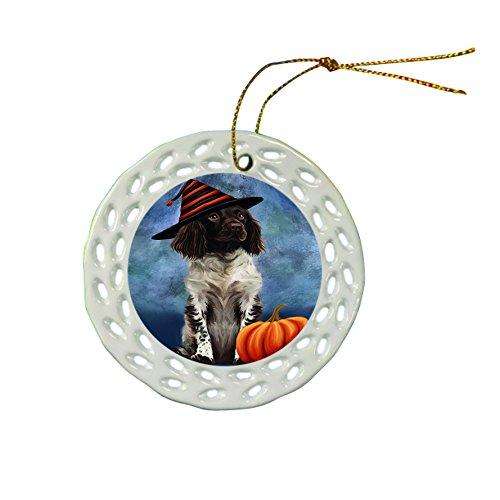 Happy Holidays Munsterlander Dog Wearing Witch Hat Christmas Round Porcelain Ornament POR044