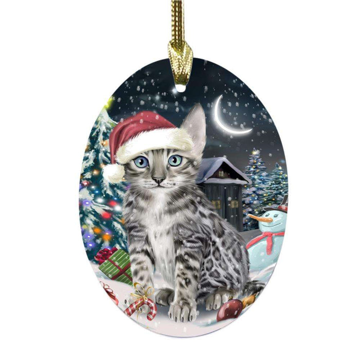 Have a Holly Jolly Christmas Happy Holidays Bengal Cat Oval Glass Christmas Ornament OGOR48026