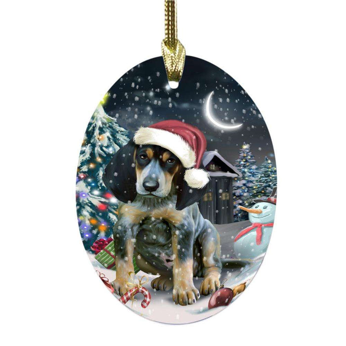 Have a Holly Jolly Christmas Happy Holidays Bluetick Coonhound Dog Oval Glass Christmas Ornament OGOR48099