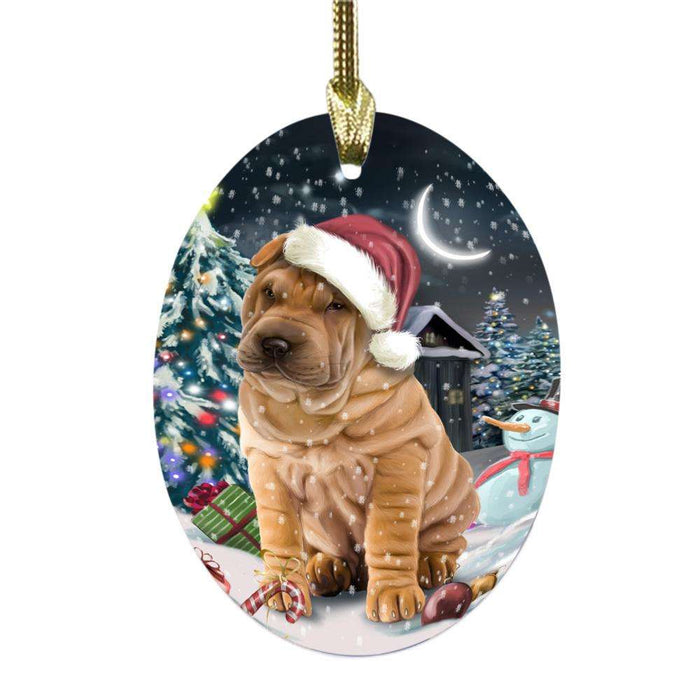 Have a Holly Jolly Christmas Happy Holidays Shar Pei Dog Oval Glass Christmas Ornament OGOR48229