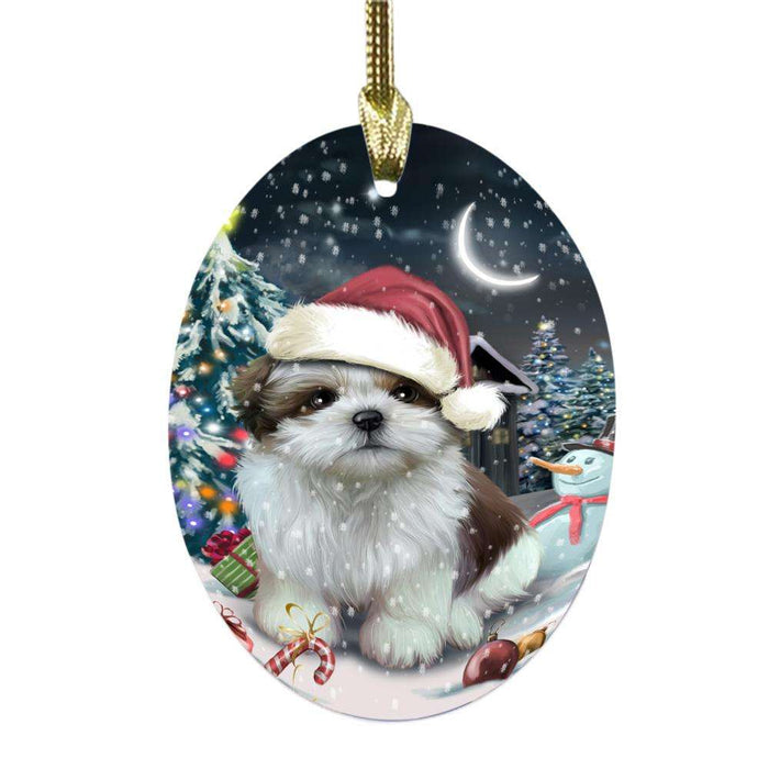 Have a Holly Jolly Christmas Happy Holidays Shih Tzu Dog Oval Glass Christmas Ornament OGOR48238