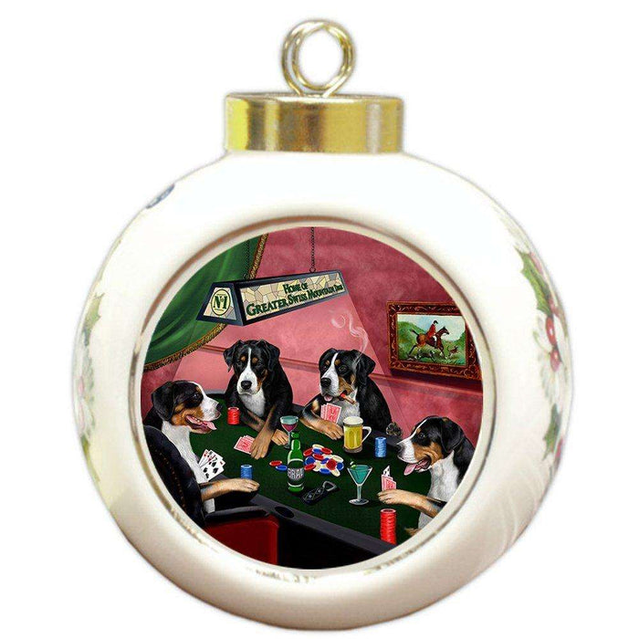 Home of Greater Swiss Mountain 4 Dogs Playing Poker Round Ball Christmas Ornament