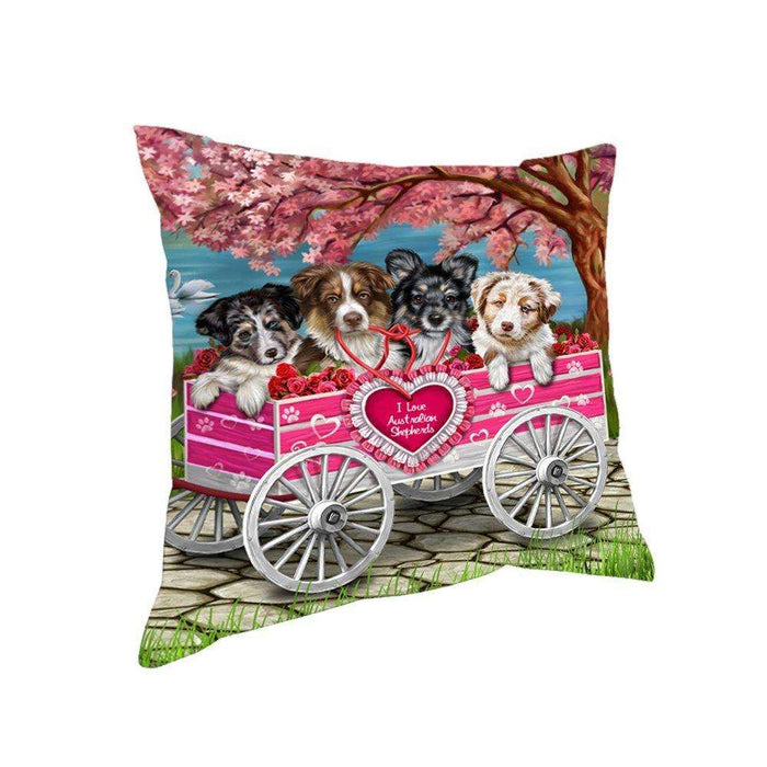I Love Australian Shepherd Dogs in a Cart Throw Pillow