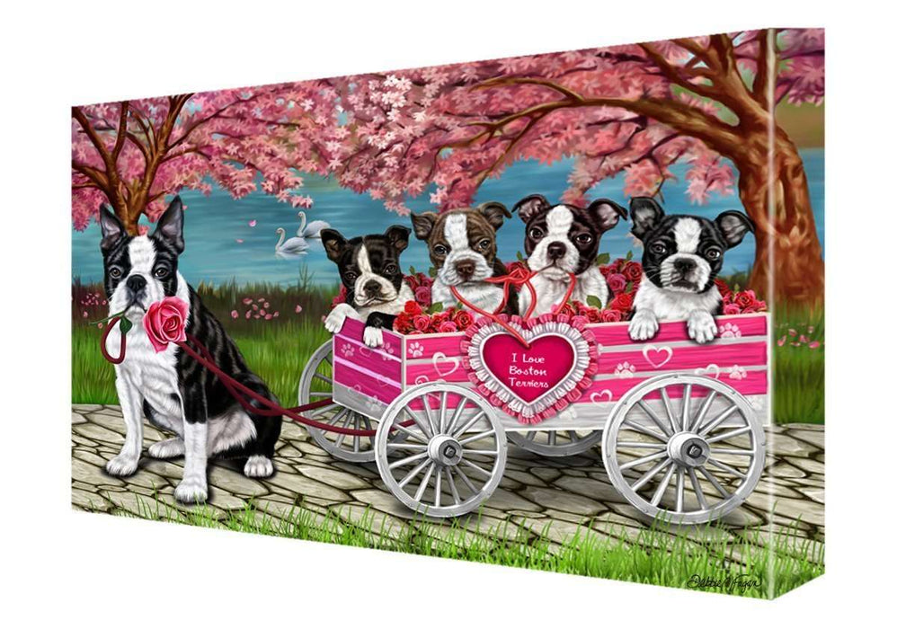 I Love Boston Terrier Dogs in a Cart Canvas Wall Art Signed