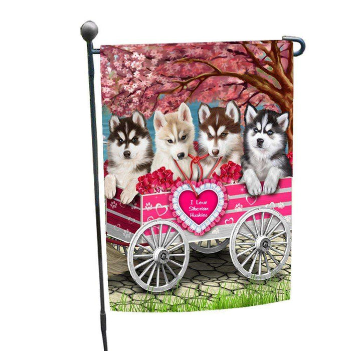 I Love Siberian Husky Dogs in a Cart Garden Flag