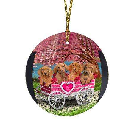 I Love Vizslas Dog in a Cart Round Christmas Ornament RFPOR48587