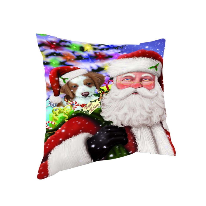 Jolly Old Saint Nick Santa Holding Brittany Spaniel Dog and Happy Holiday Gifts Throw Pillow