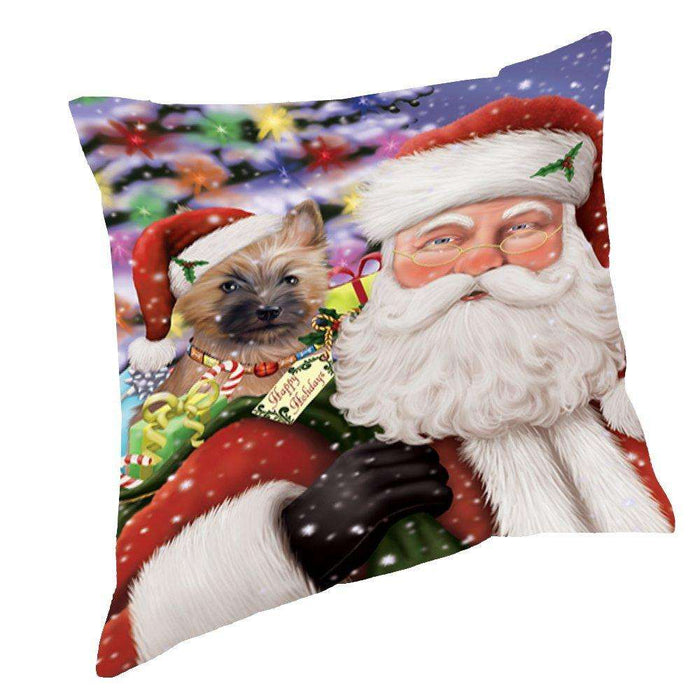 Jolly Old Saint Nick Santa Holding Cairn Terrier Dog and Happy Holiday Gifts Throw Pillow