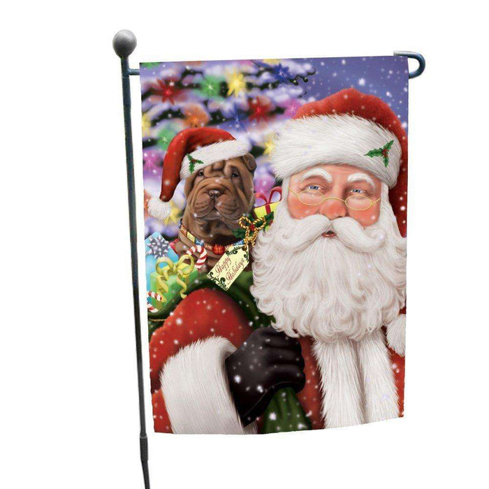 Jolly Old Saint Nick Santa Holding Shar Pei Dog and Happy Holiday Gifts Garden Flag