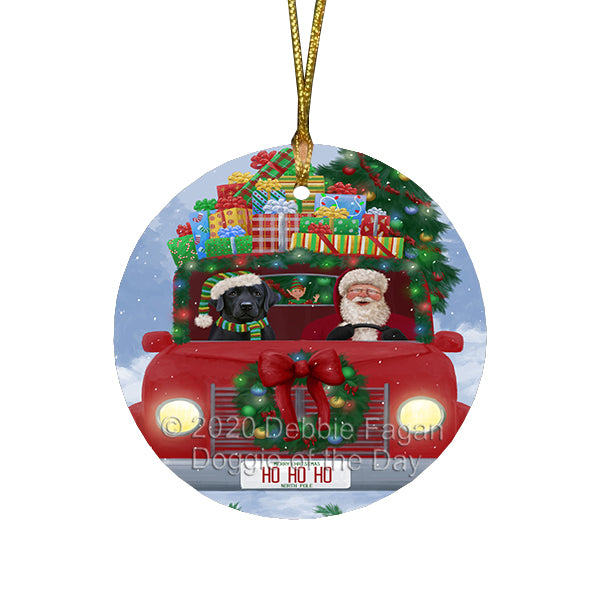 Christmas Honk Honk Red Truck Here Comes with Santa and Labrador Dog Round Flat Christmas Ornament RFPOR57840