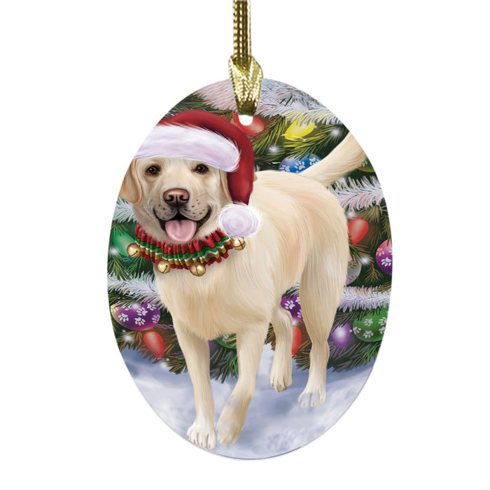 Trotting in the Snow Labrador Retriever Dog Oval Glass Christmas Ornament OGOR49451