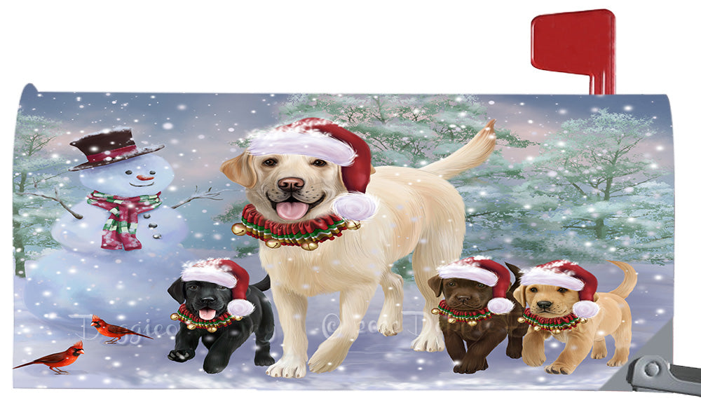 Christmas Running Family Labrador Retriever Dogs Magnetic Mailbox Cover Both Sides Pet Theme Printed Decorative Letter Box Wrap Case Postbox Thick Magnetic Vinyl Material