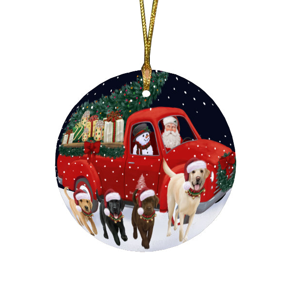 Christmas Express Delivery Red Truck Running Labrador Retriever Dogs Round Flat Christmas Ornament RFPOR57756