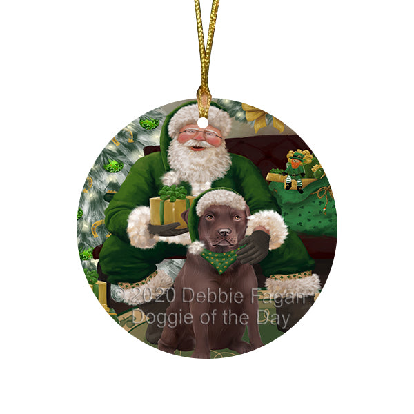 Christmas Irish Santa with Gift and Labrador Dog Round Flat Christmas Ornament RFPOR57938