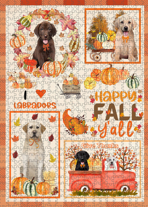 Happy Fall Y'all Pumpkin Labrador Dogs Portrait Jigsaw Puzzle for Adults Animal Interlocking Puzzle Game Unique Gift for Dog Lover's with Metal Tin Box
