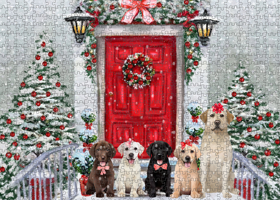 Christmas Holiday Welcome Labrador Retriever Dogs Portrait Jigsaw Puzzle for Adults Animal Interlocking Puzzle Game Unique Gift for Dog Lover's with Metal Tin Box
