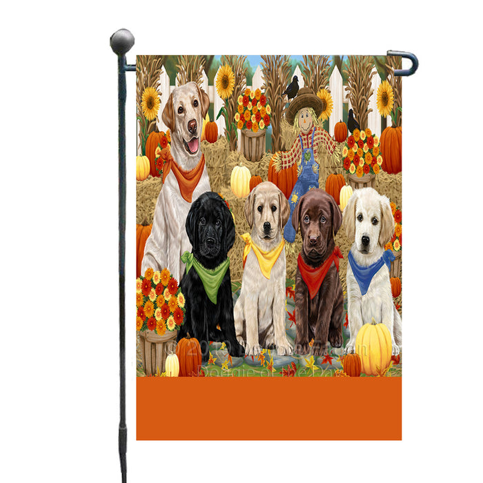 Personalized Fall Festive Gathering Labrador Dogs with Pumpkins Custom Garden Flags GFLG-DOTD-A61957