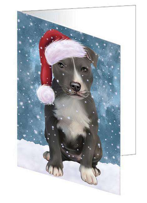 Let it Snow Christmas Holiday American Staffordshire Terrier Dog Wearing Santa Hat Handmade Artwork Assorted Pets Greeting Cards and Note Cards with Envelopes for All Occasions and Holiday Seasons GCD66848