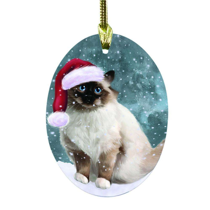 Let it Snow Christmas Holiday Birman Cat Oval Glass Christmas Ornament OGOR48457
