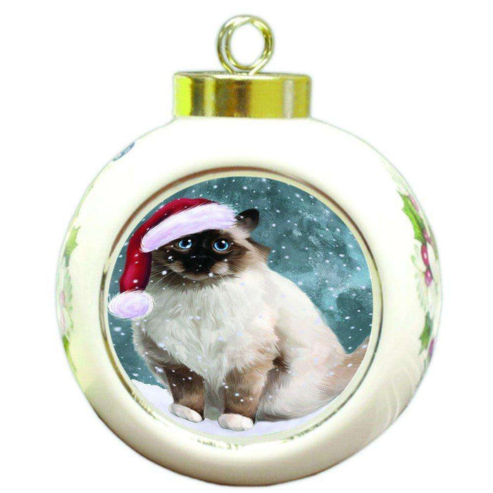 Let it Snow Christmas Holiday Birman Cat Wearing Santa Hat Round Ball Ornament D317