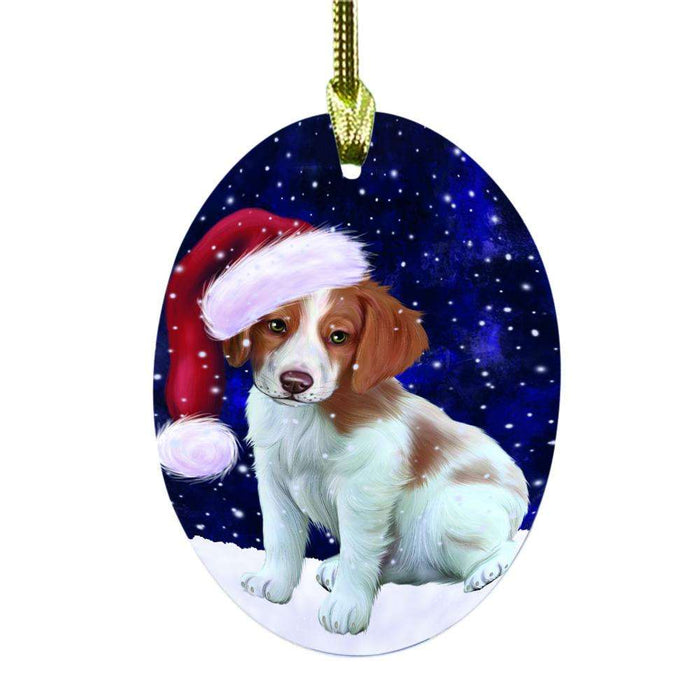 Let it Snow Christmas Holiday Brittany Spaniel Dog Oval Glass Christmas Ornament OGOR48498