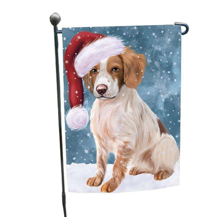Let it Snow Christmas Holiday Brittany Spaniel Dog Wearing Santa Hat Garden Flag FLG106