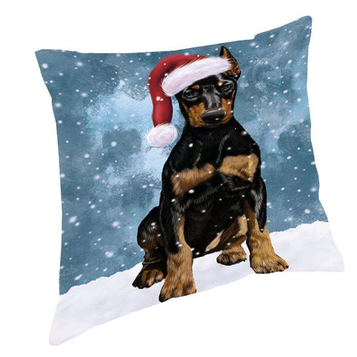 Let it Snow Christmas Holiday Doberman Dog Wearing Santa Hat Throw Pillow