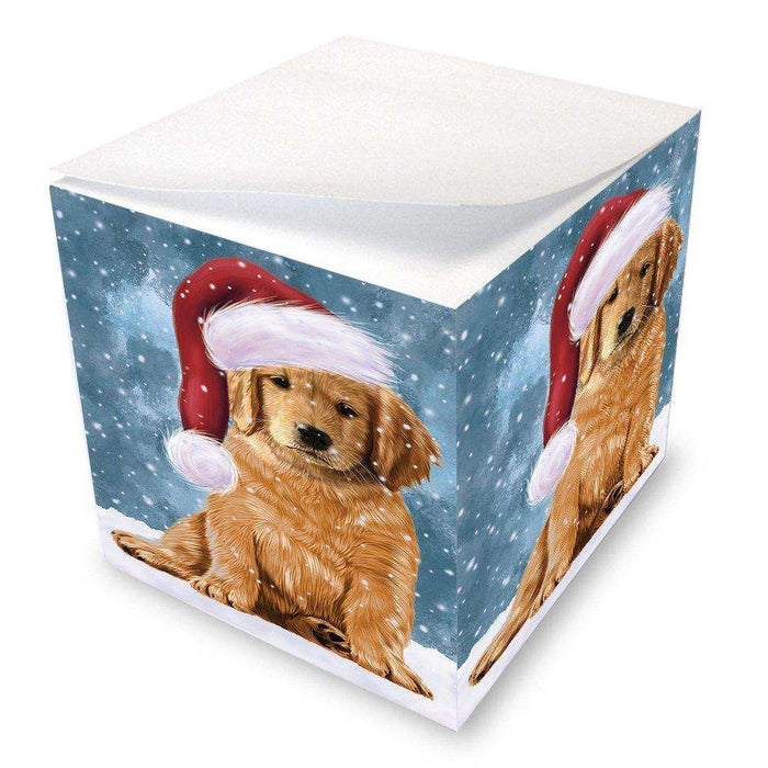Let it Snow Christmas Holiday Golden Retrievers Dog Wearing Santa Hat Note Cube D322