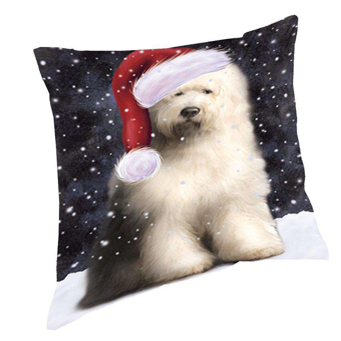 Let it Snow Christmas Holiday Old English Sheepdog Dog Wearing Santa Hat Throw Pillow D370