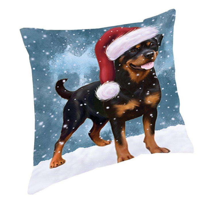 Let it Snow Christmas Holiday Rottweiler Dog Wearing Santa Hat Throw Pillow D392